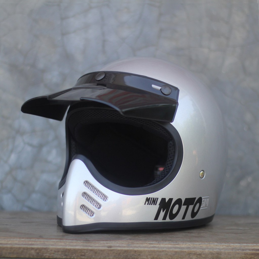 Helm Cakil Mini Moto 3 Enduro Trail Silver Glossy (Vintage / Retro / Bogo / Klasik / Classic )