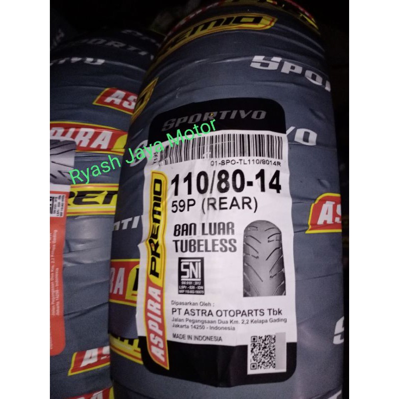 Ban tubeless Aspira premio 110/80-14 for vario 125/150/lexi/Fino F1/X-ride 125 F1/dll