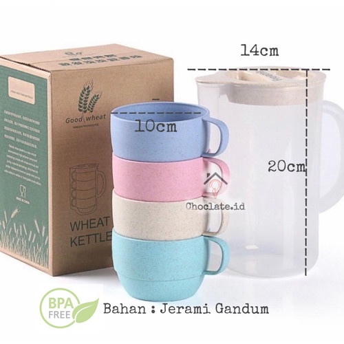 Teko Set Gelas Plastik 5 Pcs Bahan Jerami Wheat Straw Warna Warni / Teko + Gelas Bahan Jerami CF-11 / Ketel Set Cangkir Warna / teko gelas set / teko jus / cangkir teh plastik /  gelas kopi