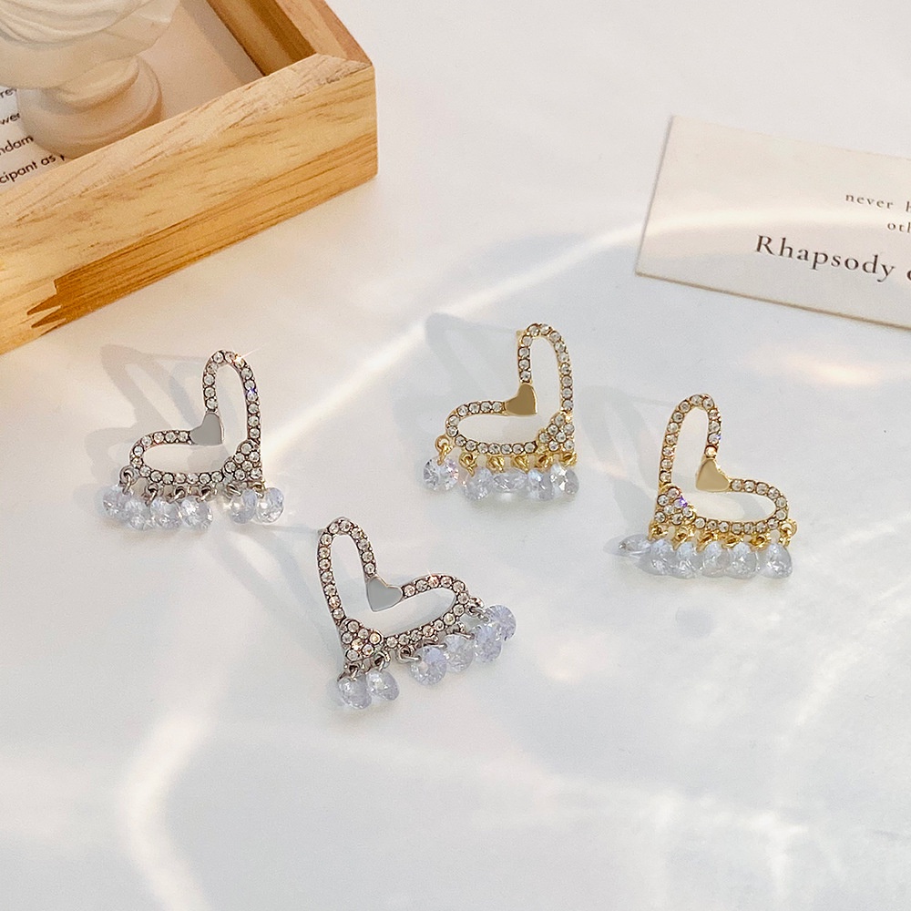 Anting Tusuk Gantung Desain Hati Hollow Hias Zircon + Kristal / Berlian Imitasi Gaya Trendy / Mewah Untuk Wanita