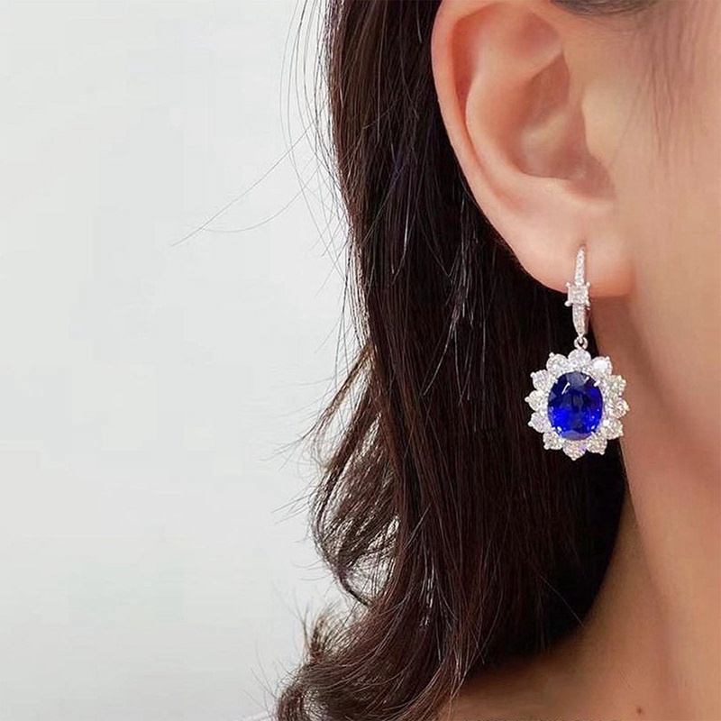 Anting Juntai Cubic Zirconia Warna Biru Tua Untuk Wanita