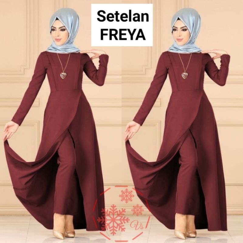 SET CELANA TUNIK FREYA, MOSCREPE, GAMIS HIJAB MUSLIM, SETELAN, 4 UKURAN