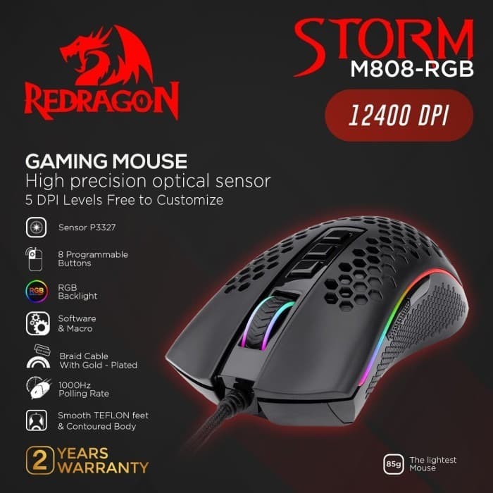 Mouse gaming redragon wired Rgb macro program 12400DPI Storm M808-RGB - Mice gaming