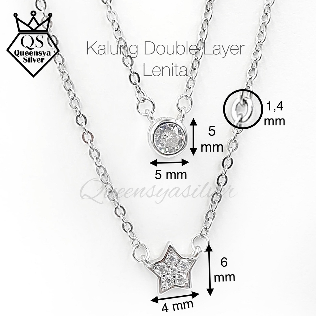 Kalung Perak Double Layer Asli Silver 925 || Model SOLITAIR &amp; STAR || Lapis Emas Putih || Queensya Silver