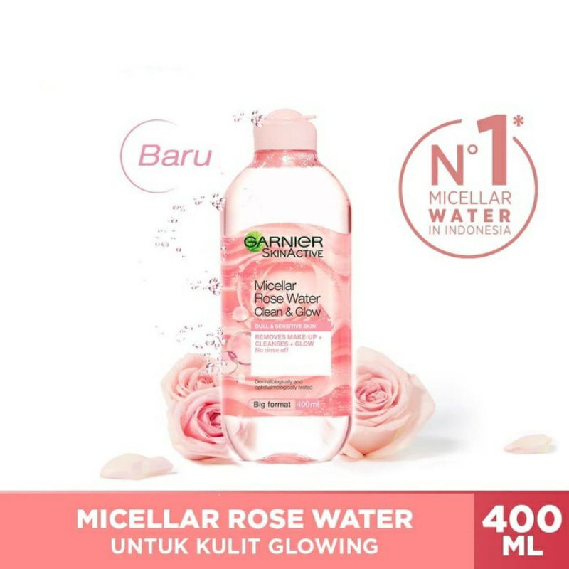 Garnier Micellar Rose Water Clean &amp; Glow Skin Care (Pembersih Wajah Untuk Kulit Glowing) 400 ml