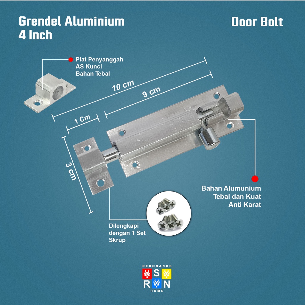 Slot Pintu Jendela Grendel 4 Inch 10 cm Alumunium + Skrup dan Baut Resonance Home