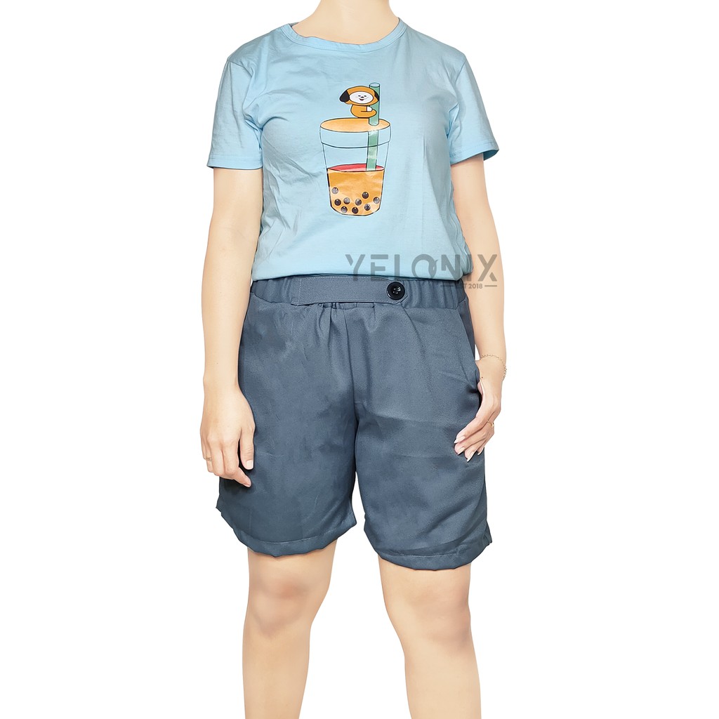 CELANA HOT PANTS WANITA KANCING MOSCREPE PINGGANG KARET-YELONIX