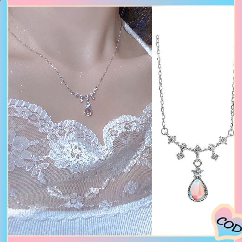 COD❤️ Kalung Fashion Wanita All-match Niche Design Light Luxury Moonstone Water Drop Necklace-A.one