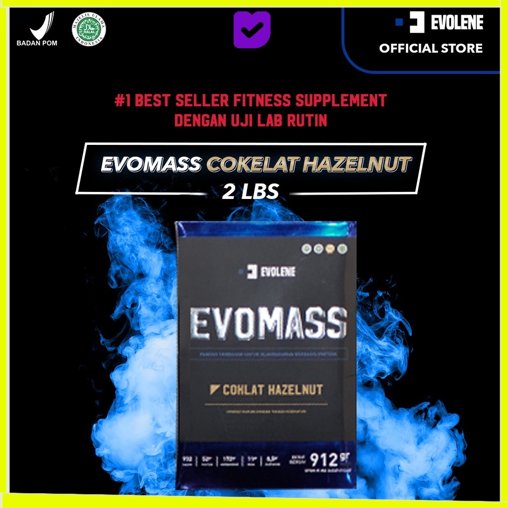 

Evolene Evomass Evo Mass Evomas Mas Coklat Hazelnut 912gr/4x serving - Penambah massa otot Surplus kalori berat badan BPOM HALAL EVOLINE EVOLIN EVOLEN