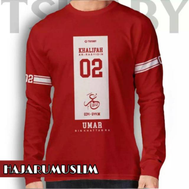 Kaos dakwah islami tangan panjang merah Umar bin Khattab