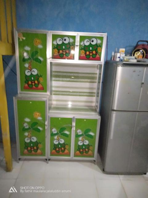 Rak Piring 3 Pintu Kaca Lukis Tiang Besar Full Colour Samping Keramik (promo Harga)