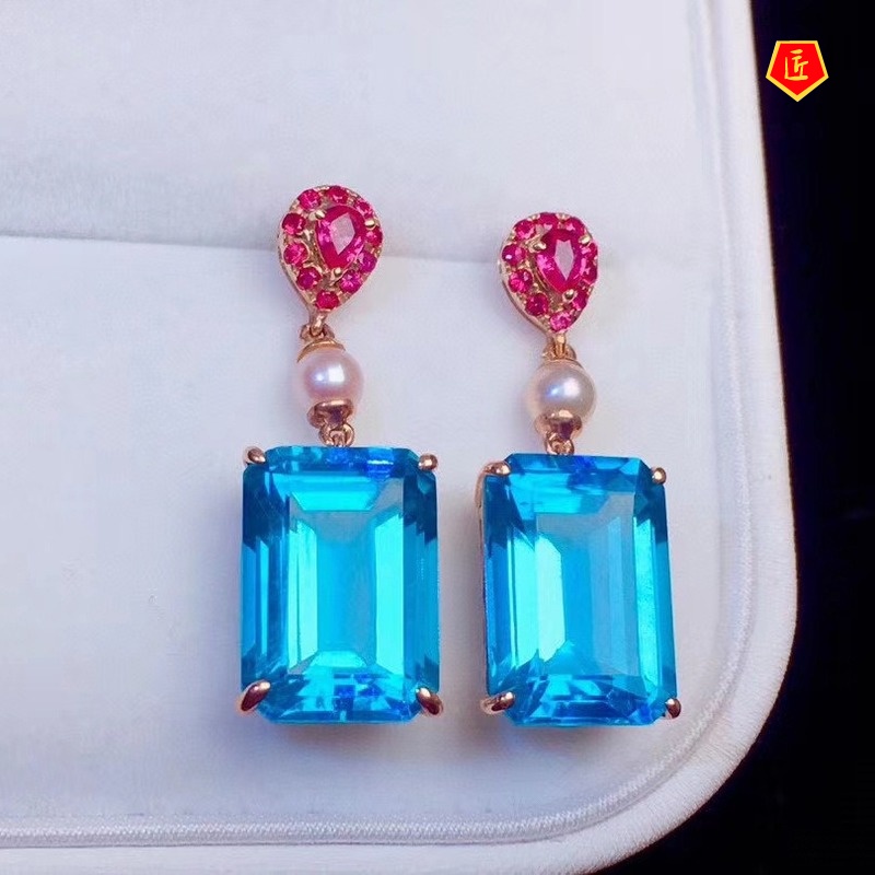 [Ready Stock]Fashion Inlaid Natural Topaz Blue Square Diamond Stud Earrings