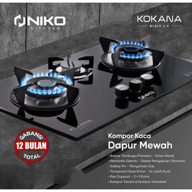 Kompor Kaca 3 Tungku Kokana + Selang Regulator