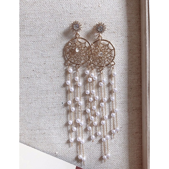 LRC Anting Tusuk Fashion Gold 925 Silver Needle Sun Flower Diamond Dream Catcher Pearl Tassel Earrin