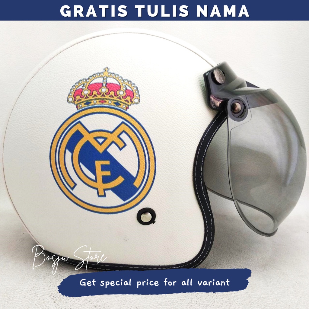 HELEM BOSJU - Helm Bogo Motif Real Madrid Klub Bola - Retro Klasik Cewek Wanita Pria Dewasa Classic 