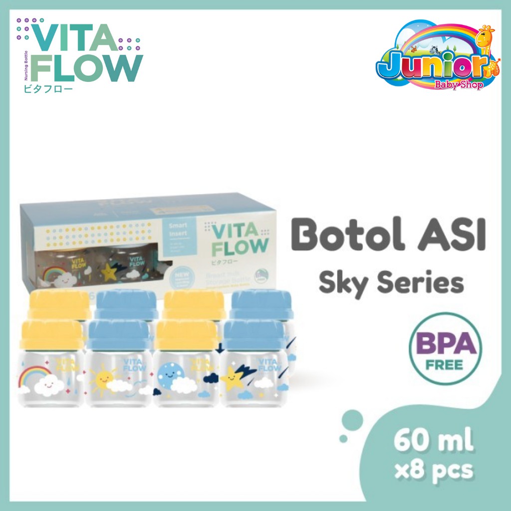 Vitaflow Breastmilk Bottle 60ml 8pcs Sky Series -  Botol Penyimpan Asi
