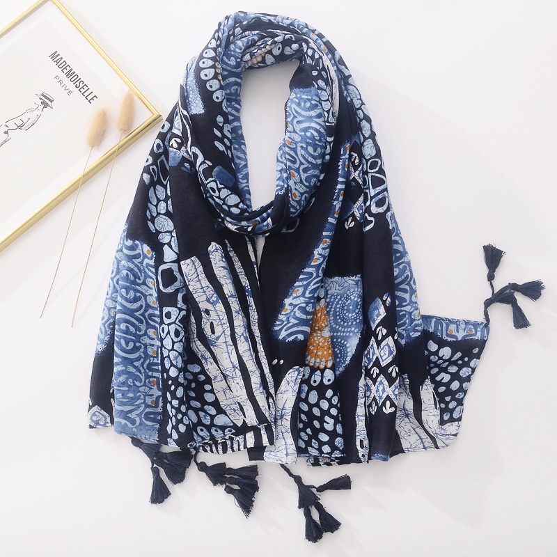 ITSFRIDAY ALEETA Scarf - Premium Pashmina Shawl Selendang Syal Pasmina Hijab Import Motif Etnik Clasic Sky Blue Navy Tassel