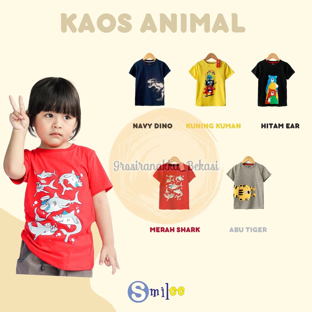 Kaos Anak Cowok Smilee Murah Motif Animal Size 1-5Thn