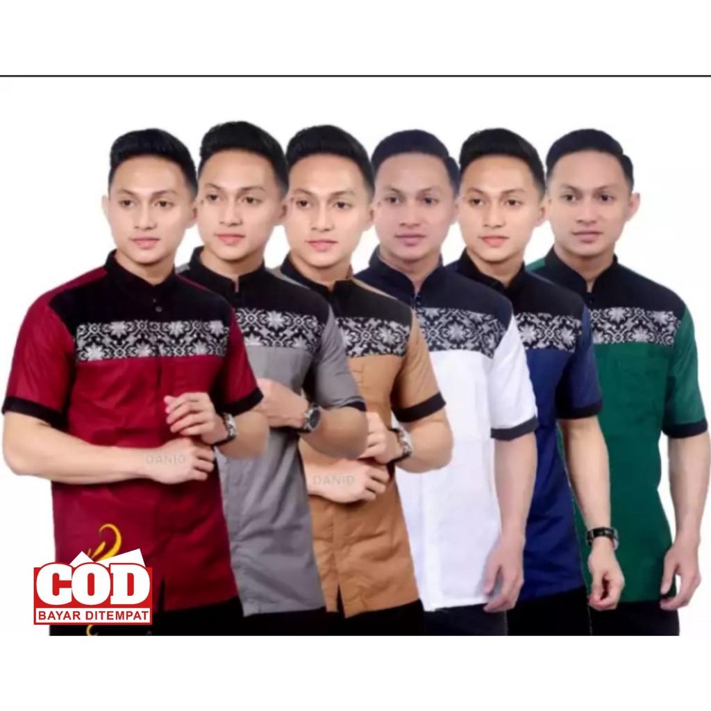 Baju Koko Pria Bordir Lengan Pendek Kombinasi Batik Polos Size M L XL XXL Koko Muslim Lengan Pendek