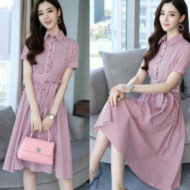 [GLFK] Dress Salur Md Line / Dress Motif Salur / Dress casual Terbaru / Dress / Dress kancing / Gaun Wanita