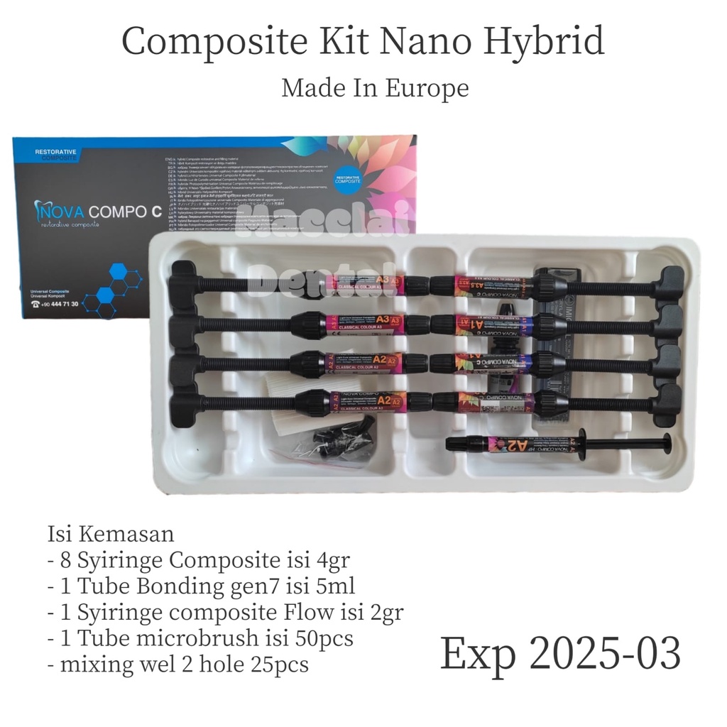 DENTAL COMPOSITE KIT UNIVERSAL SET AKL / COMPOSITE NANO HYBRID LOW SYIRINGEKAGE KOMPOSIT NOVA COMPO KIT BAHAN TAMBAL GIGI