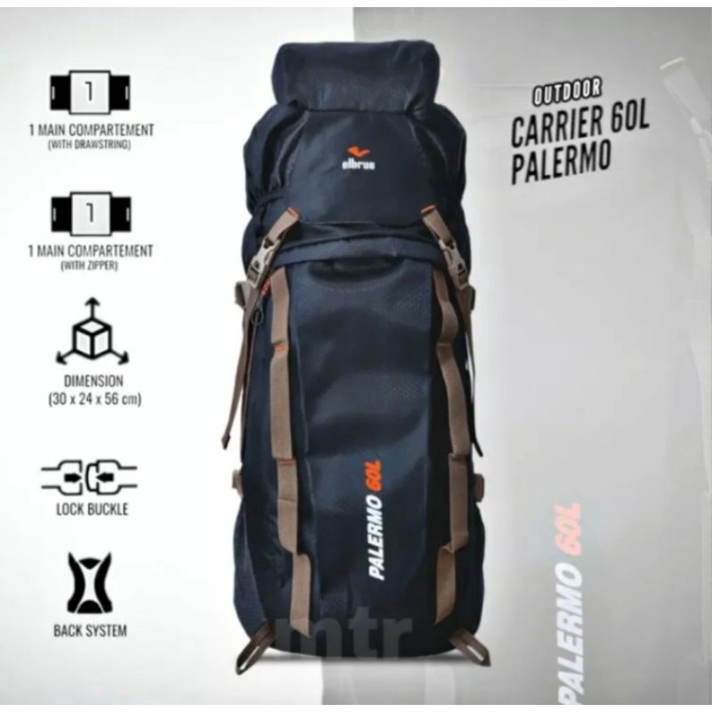 TAS CARRIER/GUNUNG ELBERUS PALERMO ORIGINAL 60 LTR MURAH MERIAH BERKUALITAS BONUS RAINCOVER