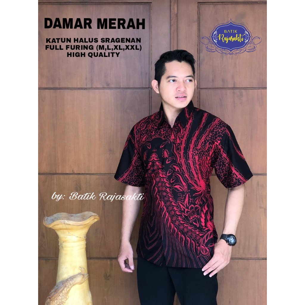 DAMAR MERAH Kemeja Batik Pria Lengan Pendek Katun Halus FULL FURING Rajasakti