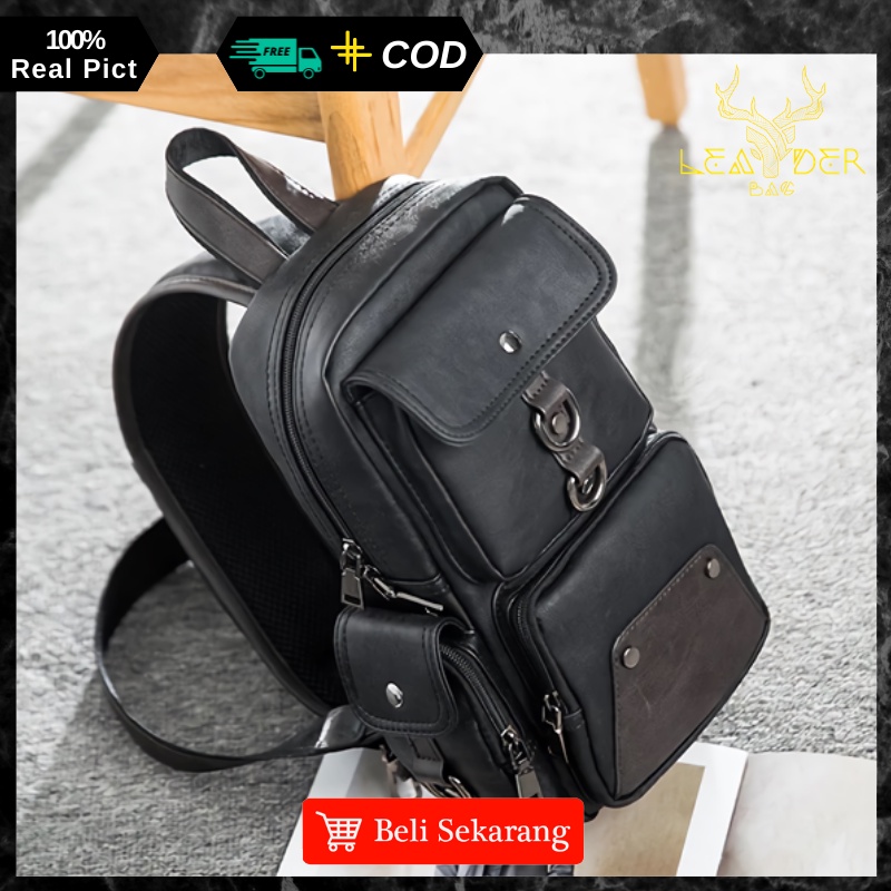 Tas Waist Bag Kulit Pria Original Model Terbaru Warna Hitam Atau Tas Slingbag Selempang Kulit Cowok Distro Import C12 GALAXI