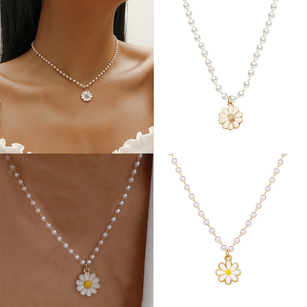 White small daisy imitation pearl cute lady clavicle chain necklace Korean fashion jewelry best gift for girlfriend and mother factory wholesale