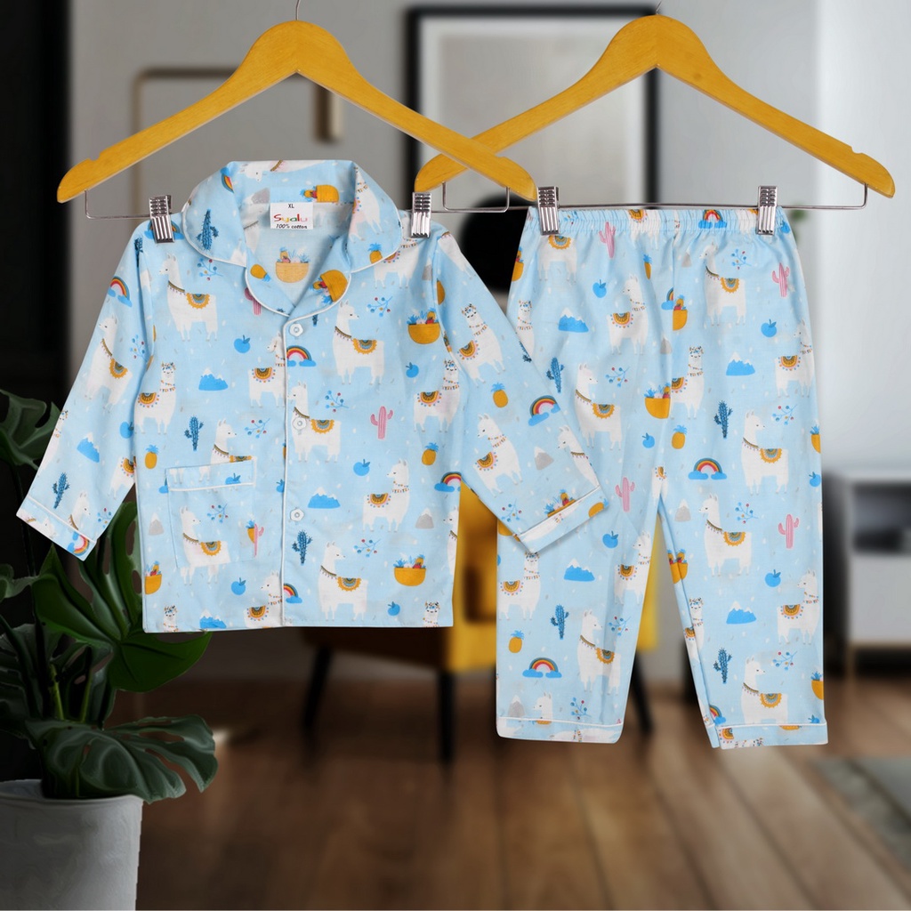 Setelan Piyama Anak Bahan Katun Motif Kaktus Pelangi Warna Biru Panjang