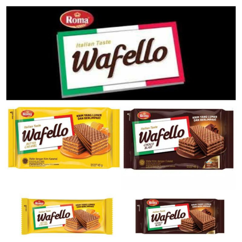 

Wafello / Roma Wafello Wafer / Wafello Coklat Choco Blast / Butter Caramel / Kelapa Coconut Cream