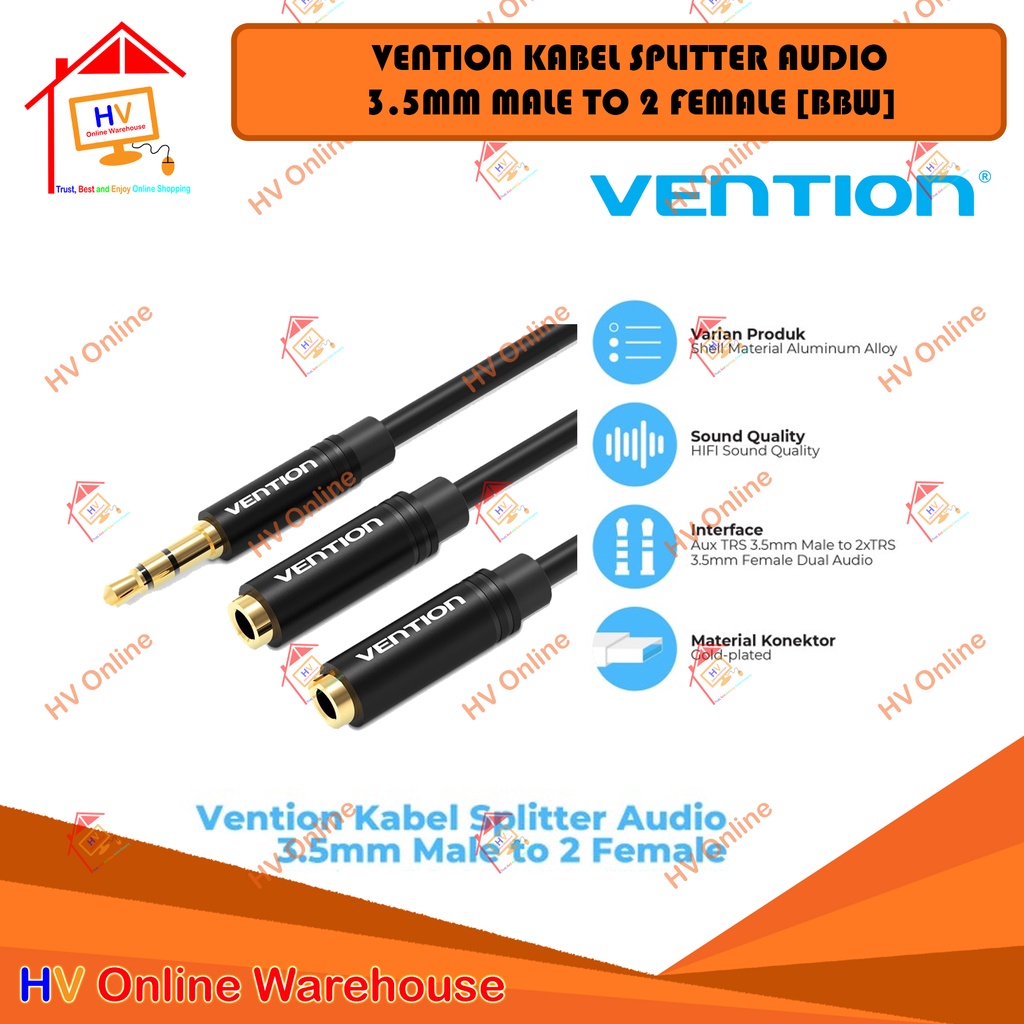 Vention Kabel Splitter Audio 3.5mm Male to 2 Female 0.30M [BBW]