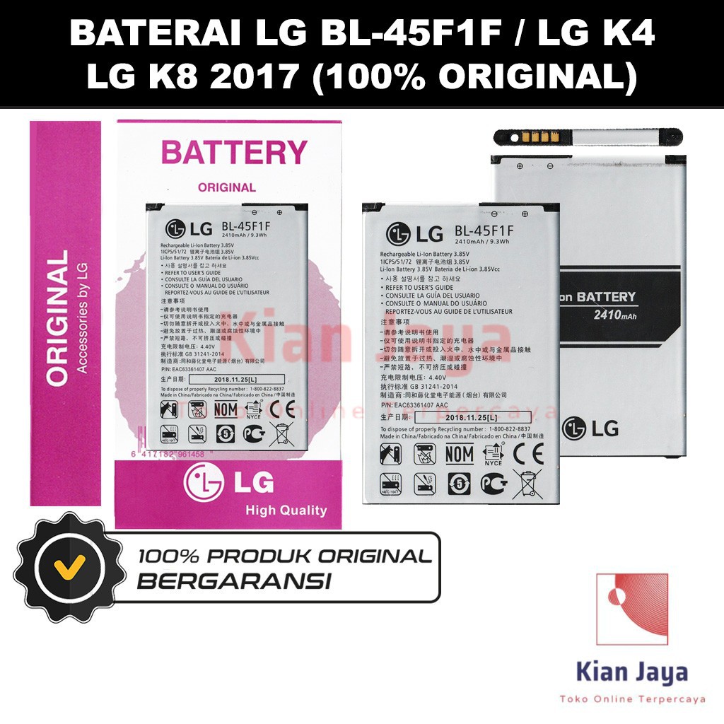 Baterai Original LG K4 / K8 2017 / BL-45F1F Batre Batrai Battery Hp BL45F1F 100% Ori