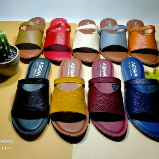 SANDAL KULIT WANITA BOLONG STRIP KECIL