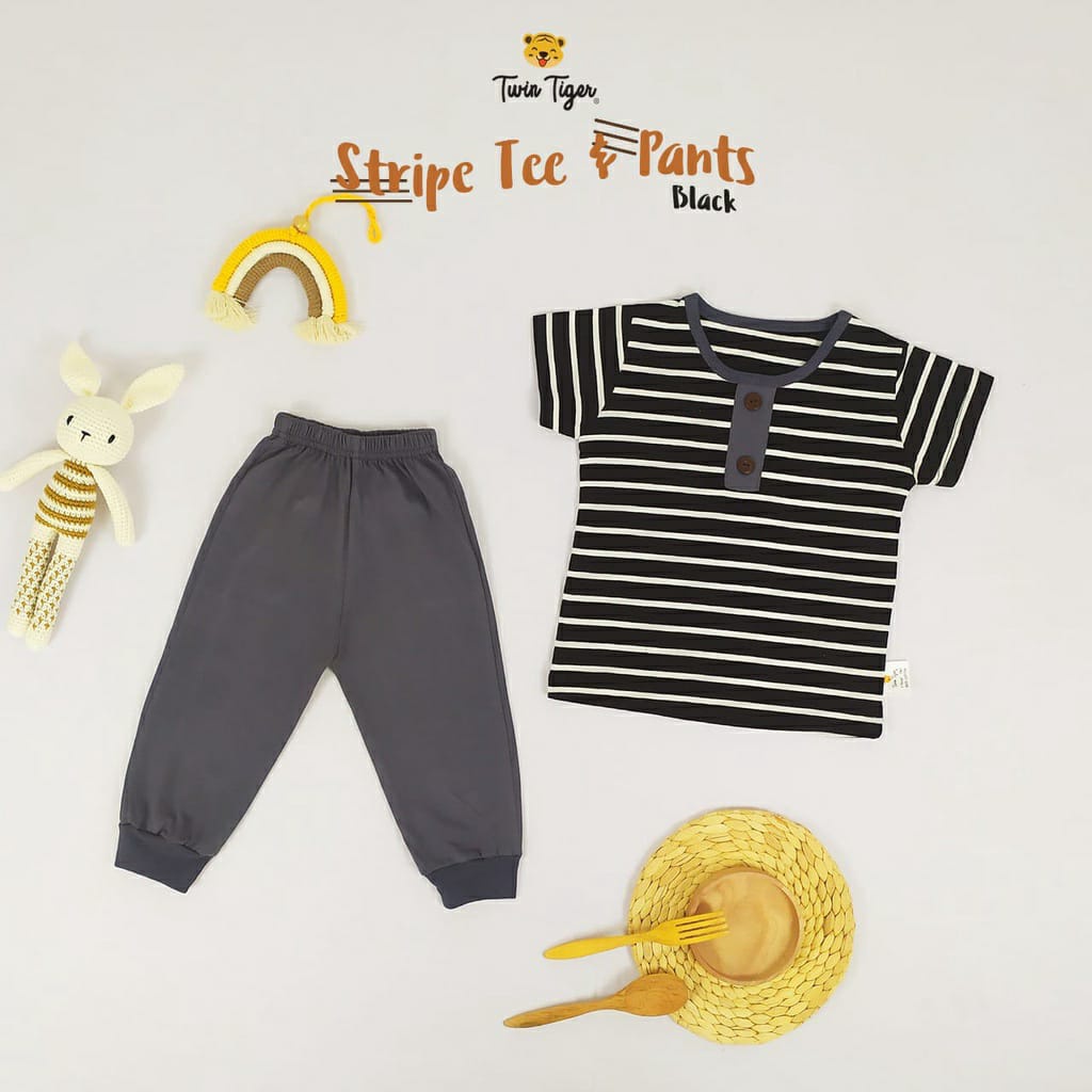 TWIN TIGER SETELAN PENDEK + PANJANG SET ANAK STRIPE TEE BAJU ANAK GARIS 1 - 5 TAHUN