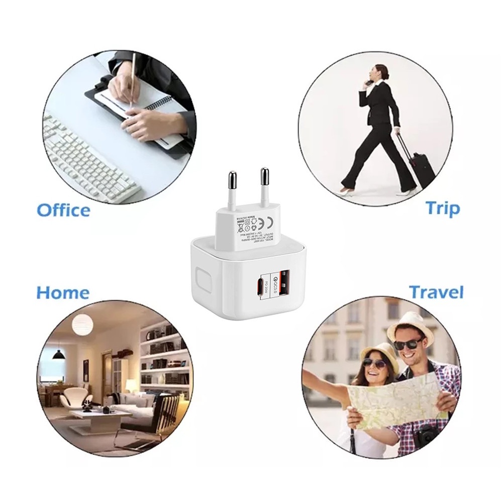 Adapter Power Charger Dinding 2 Port USB-C QC3.0 Tipe C 20W Fast Charging Untuk Iphone / Android