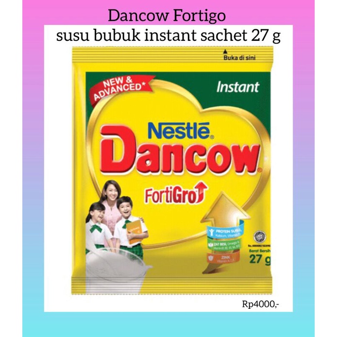 

Dancow Fortigo susu bubuk instant sachet 27 g. Putih / coklat