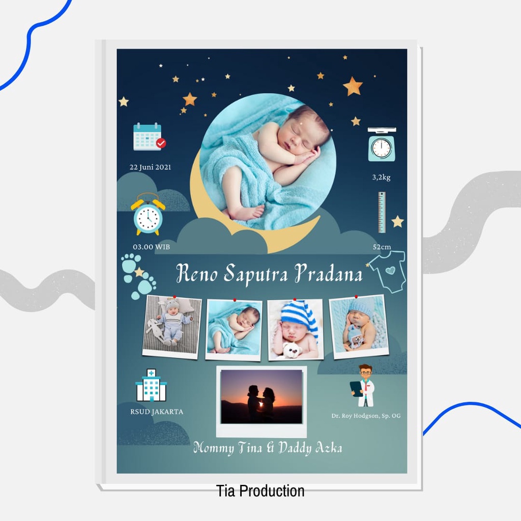 FRAME KACA + CETAK + DESAIN foto biodata anak bayi hadiah gift kado hampers lahiran melahirkan unik