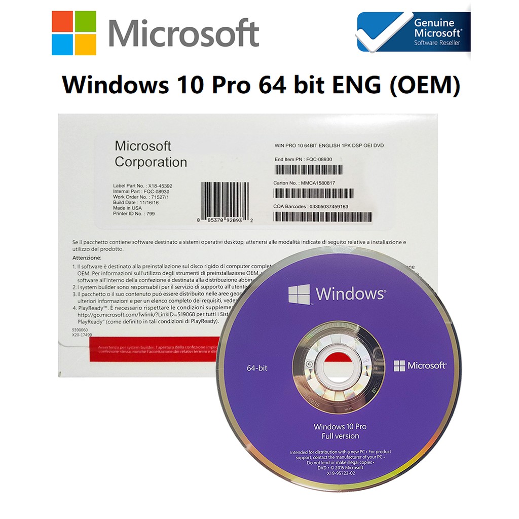 Windows 10 Pro DVD OEM (FQC-08929) Full Pack