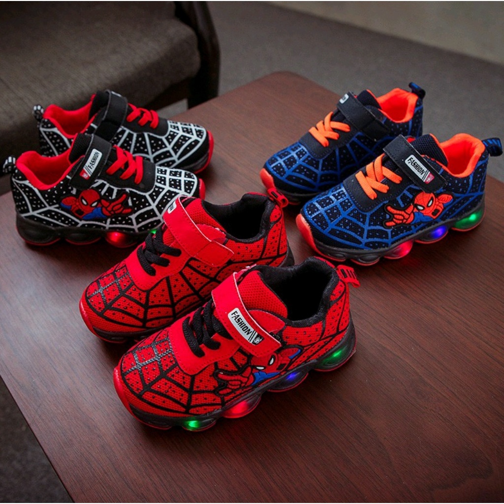 Sepatu Kets Sneakers Import LED Spiderman Anak Laki-laki Keren Trendy/ Sepatu Sport Running LED Nyal
