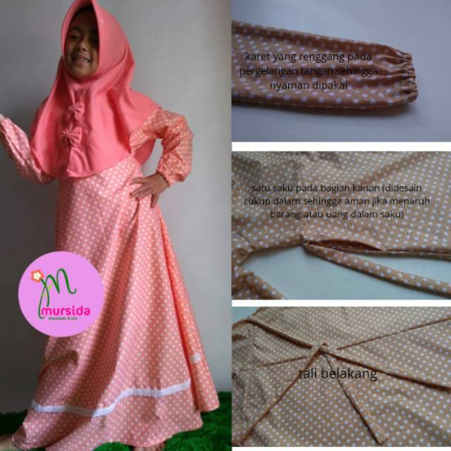 Gamis anak polkadot dengan hijab/gamis anak/baju muslim/baju anak/gamis/