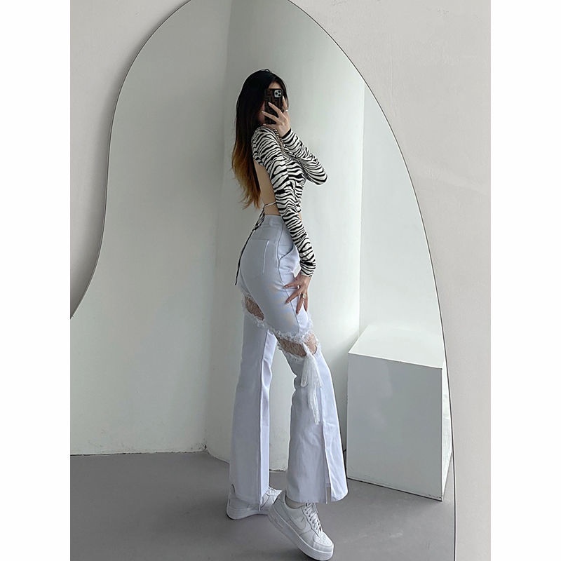 Suhao White Punching Slip Jeans Wanita Musim Panas Pinggang Tinggi Slim Western Spice Girl Patch Flared Pants