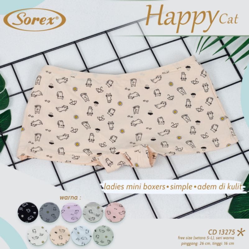 CD BOXER MINI WANITA SOREX 13275 FREE SIZE UNDERWEAR HAPPY CAT SETARA SIZE S-L