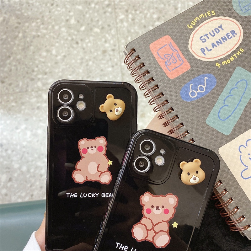 IPHONE 3d Rotatable Bear Couple Phone Case Cover Kartun Pelindung Lembut Untuk Iphone7 8 PLUS X XR XS 11 12 13 PRO MAX SE 2020