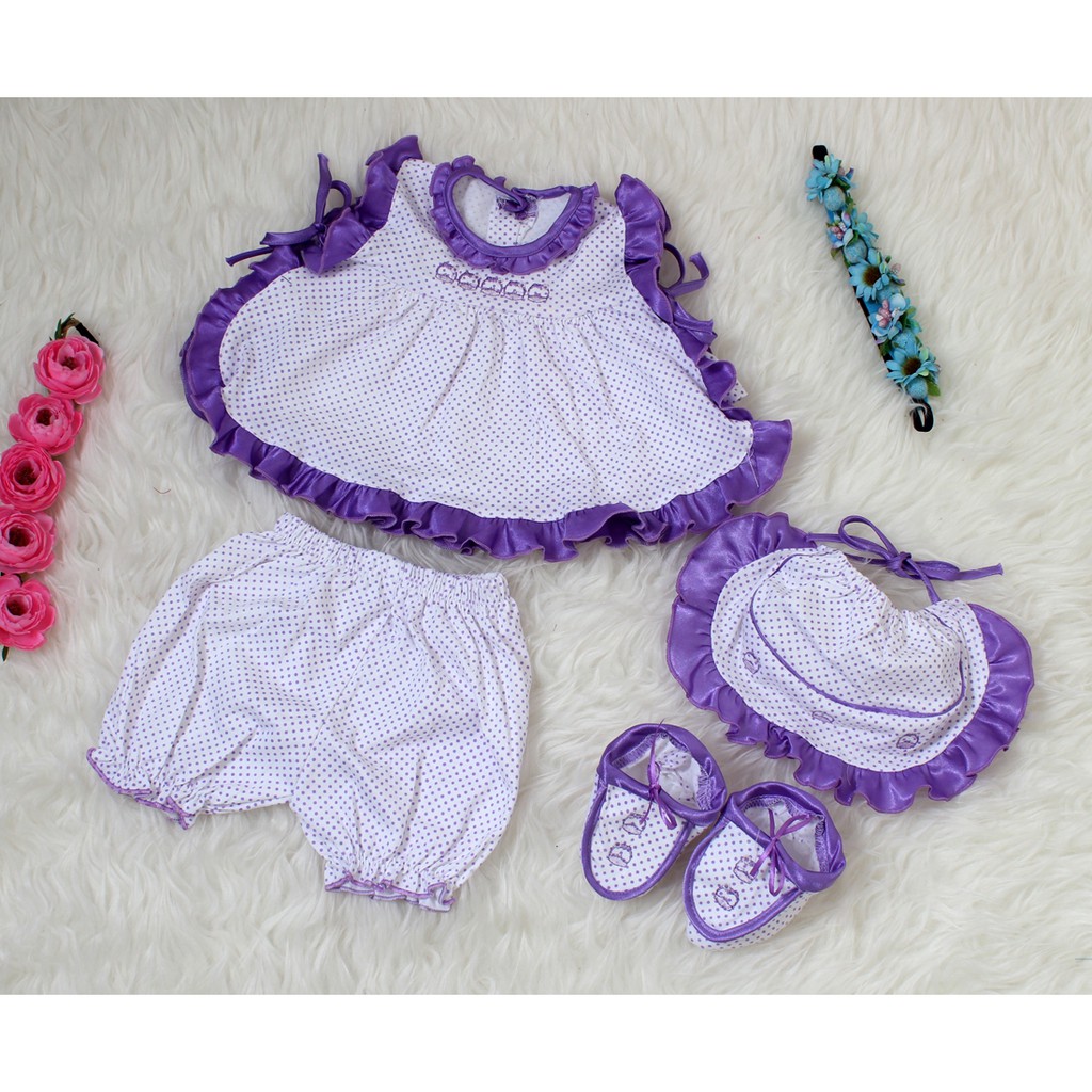 Set Bayi Dot Kecil 4in1/Setelan Baju Piyama Bayi 0-6 bln/Set Pakaian Baju Celana Sepatu Celemek Bayi