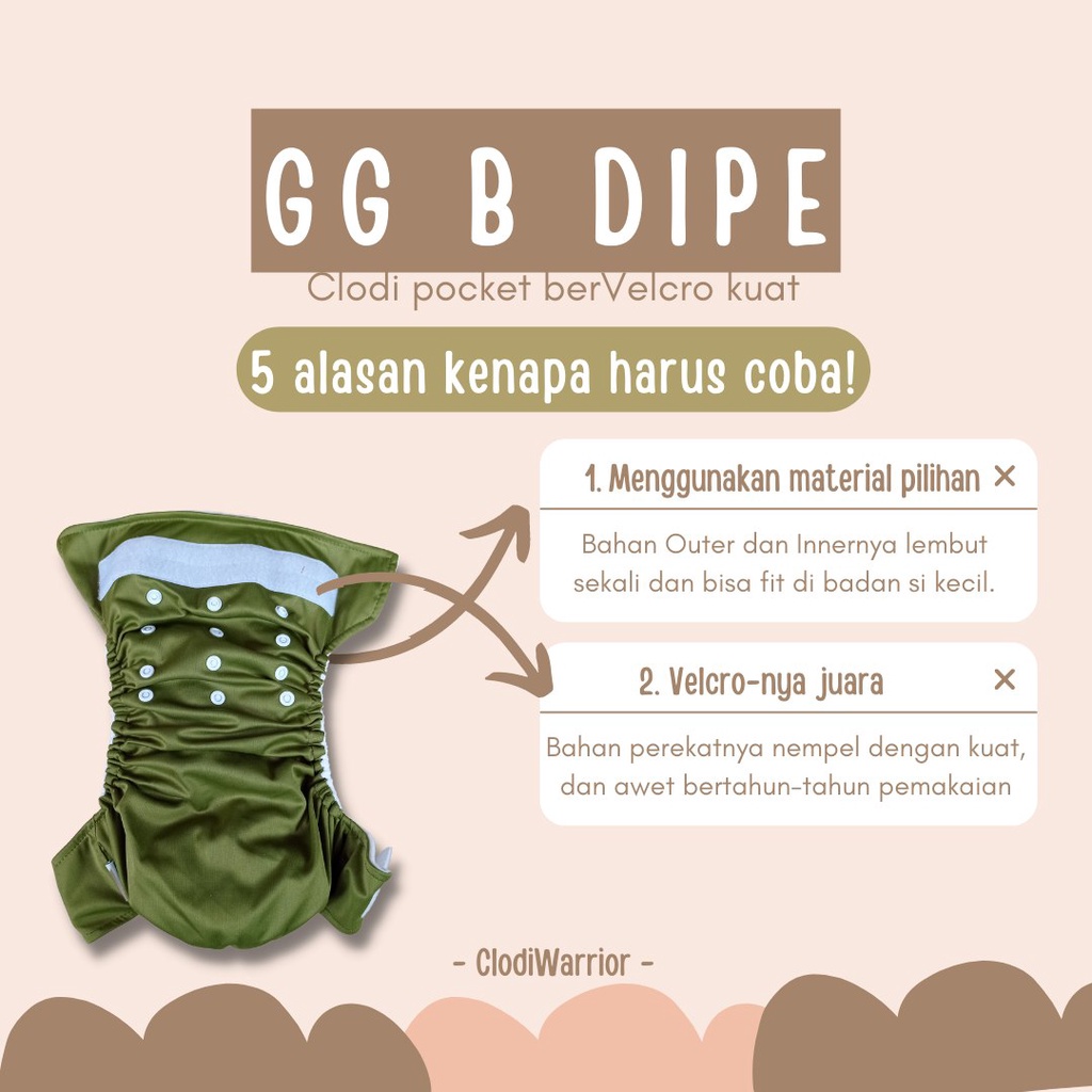 GG B DIPE Clodi Allsize type Pocket Inner Gusset Cegah Bocor Samping Popok kain Bayi Cuci Ulang BB 3-15 kg