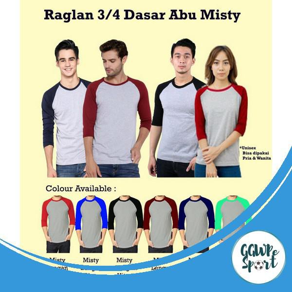 Kaos Raglan Wanita dan Pria Setengah Lengan Kombinasi Abu Misty Katun Combed 24S Kualitas Terbaik