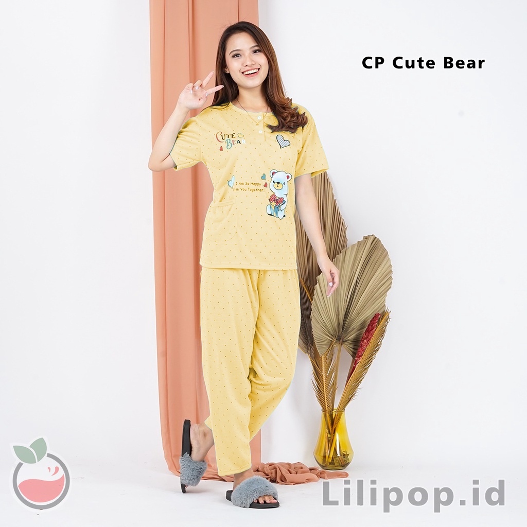 Lilipop.id  Baju Tidur Wanita CP Cute Bear Setelan Piyama BabyDoll Kaos Celana Panjang