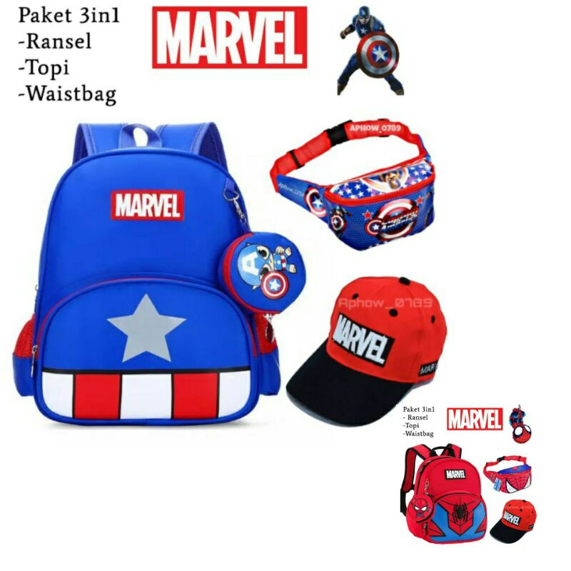 Paket 3in1 tas sekolah anak laki laki tas selempang topi anak laki laki tas ransel anak waistbag anak topi marvel