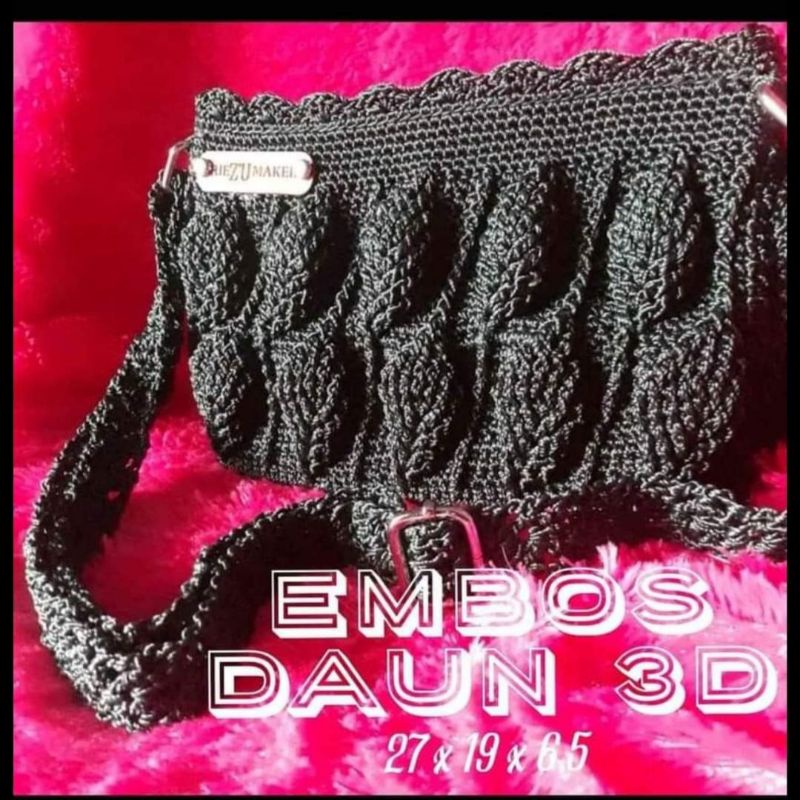 TAS RAJUT WANITA DAUN / EMBOS 3D /TALI PANJANG/NYLON NOBEL